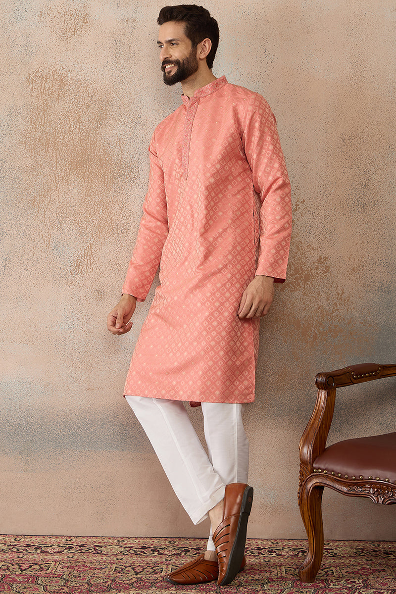Coral Jacquard Ethnic Motifs Embroidered Kurta MKU2491