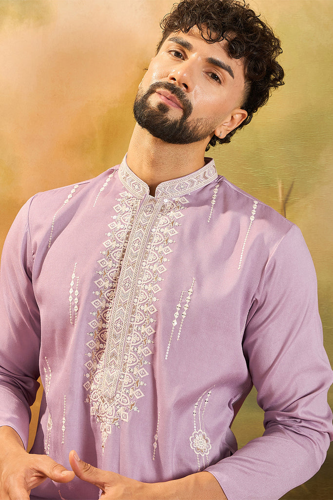 Lavender Silk Blend Solid Embroidered Straight Kurta with Trouser MKSET1489