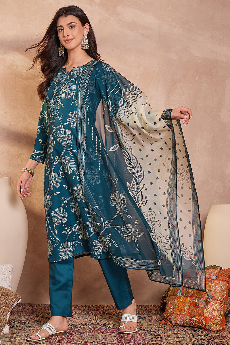 Blue Cotton Blend Floral Printed Straight Kurta Set VKSKD2425