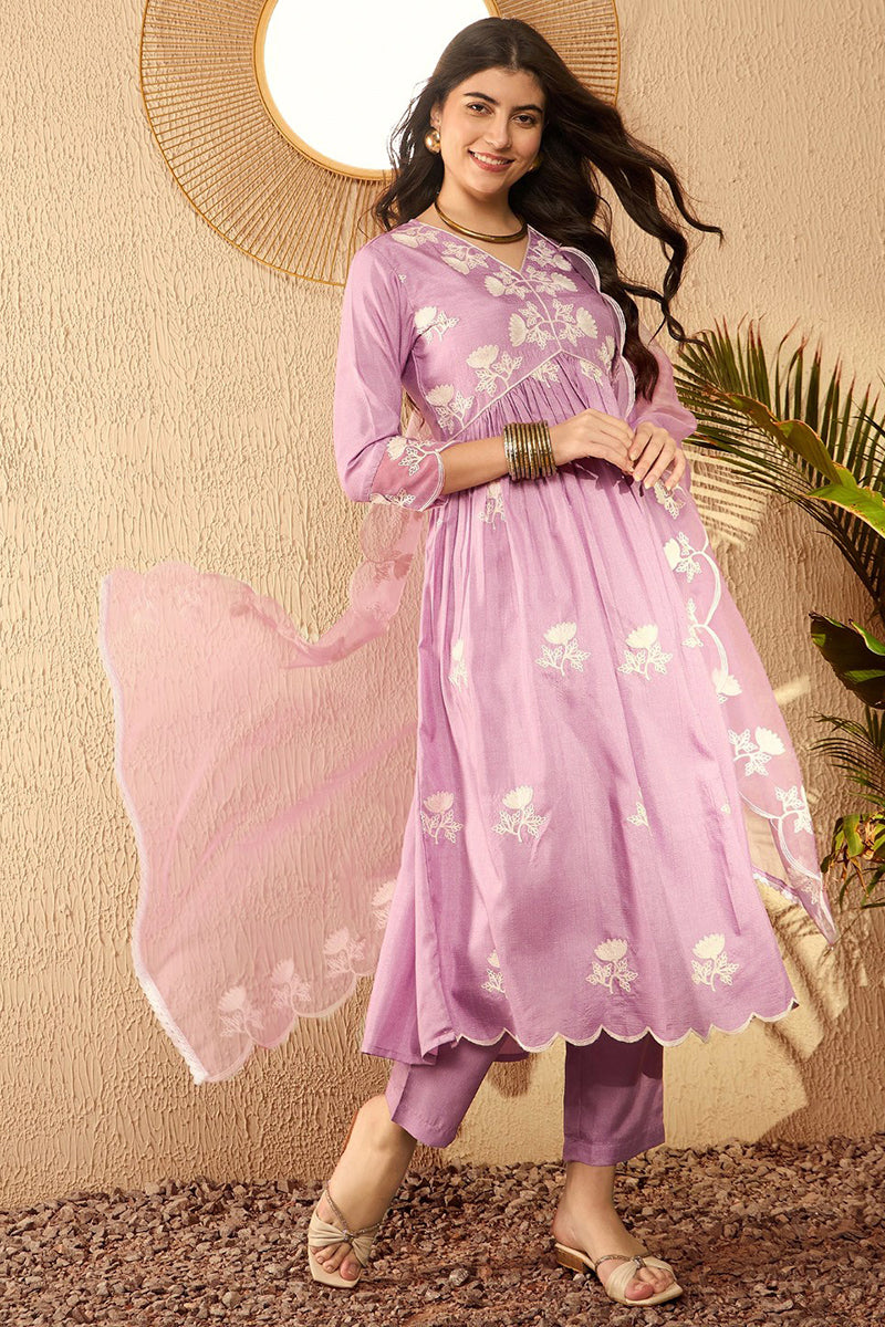 Lavender Silk Blend Embroidered Kurta Trouser With Dupatta HOPPKSKD2594