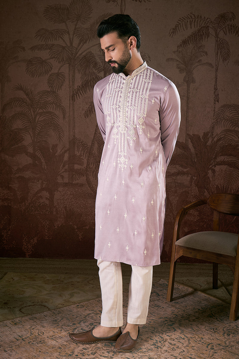 Lavender Silk Blend Solid Embroidered Straight Kurta MKU1880