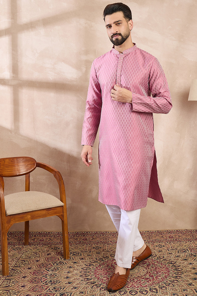 Pink Silk Blend Solid Woven Design Straight Kurta MKU1898