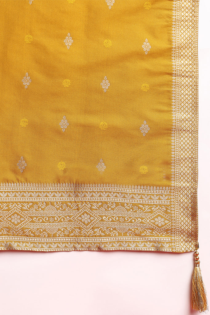 Mustard Silk Blend Ethnic Motifs Woven Design Straight Suit Set PKSKD2406