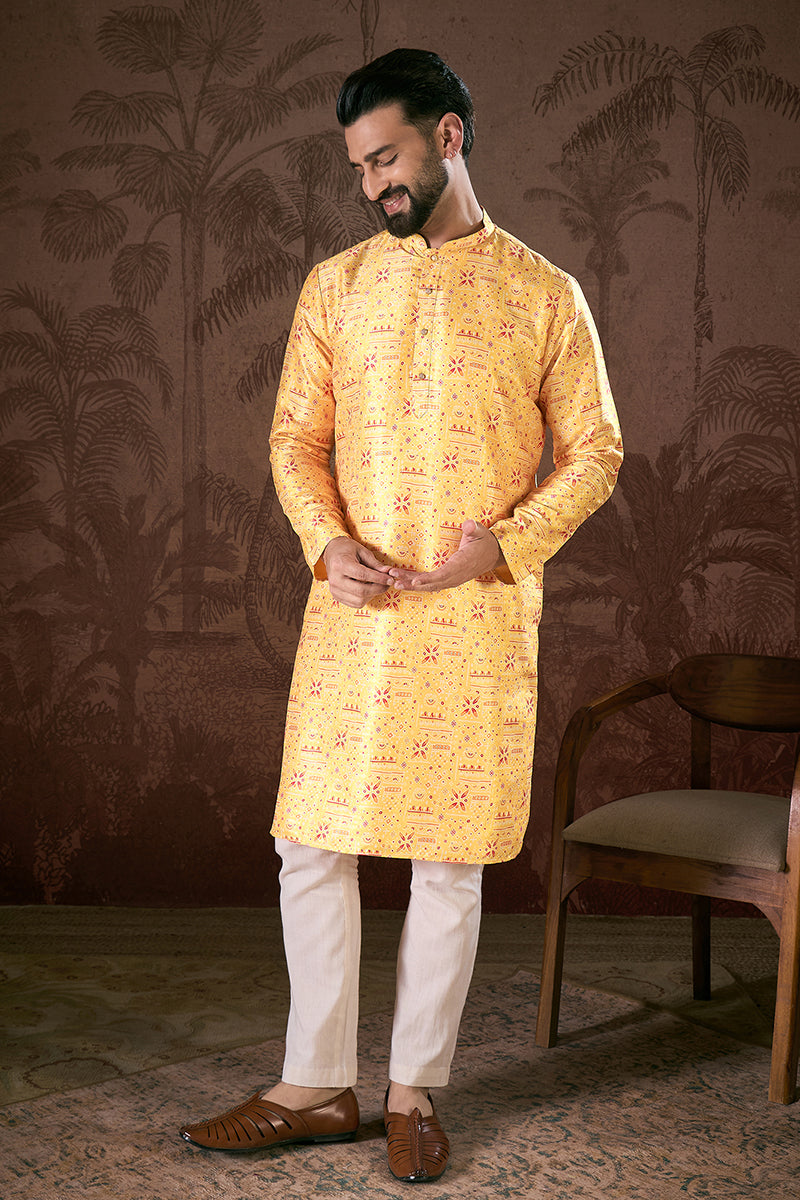 Yellow Silk Blend Ethnic Motifs Printed Straight Kurta MKU1936