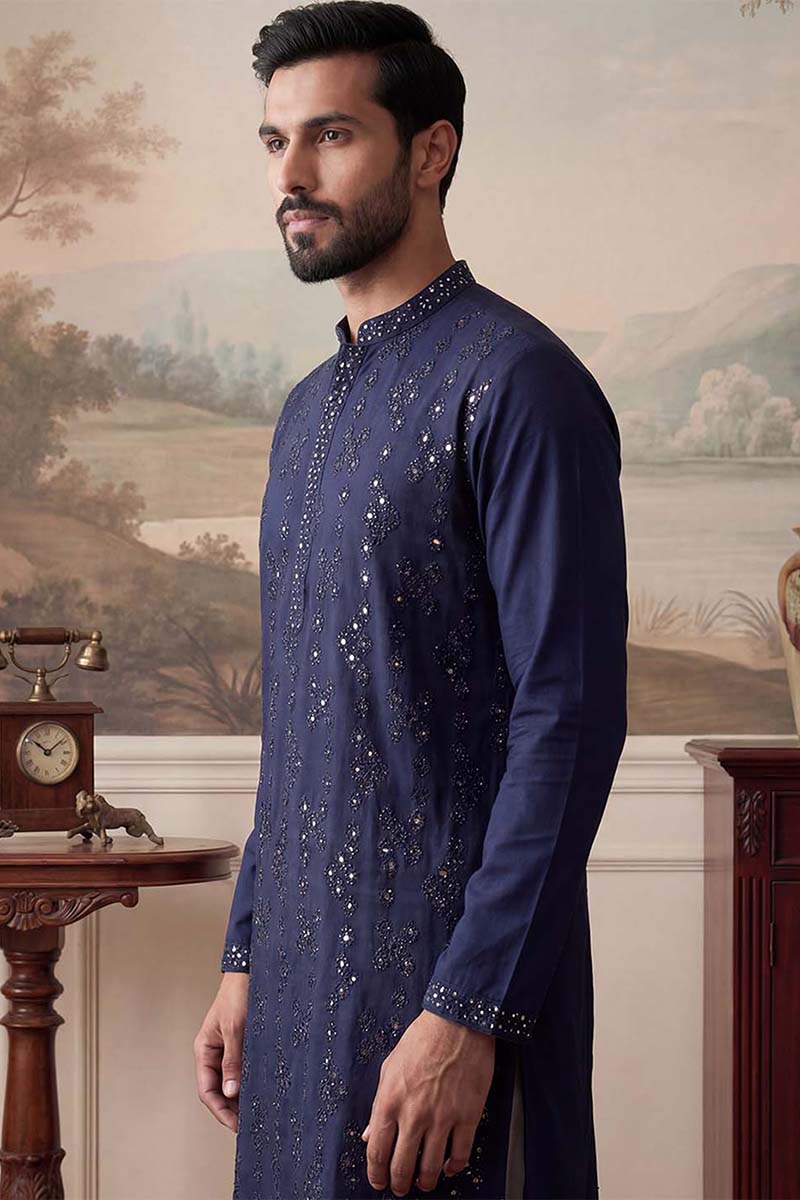 Blue Silk Blend Solid Embroidered Kurta With Trousers MKSET2075