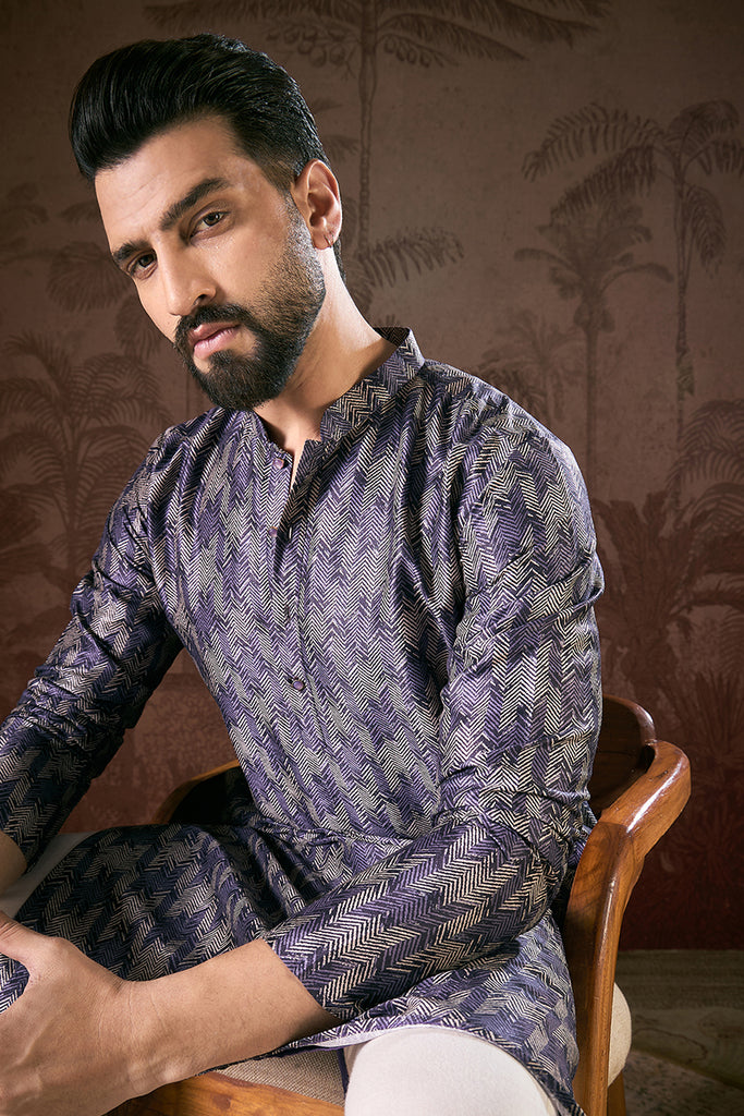 Violet Silk Blend Chevron Printed Straight Kurta With Trouser MKSET1917