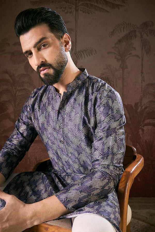 Violet Silk Blend Chevron Printed Straight Kurta With Trouser MKSET1917