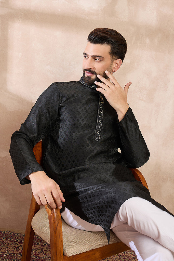 Black Silk Blend Solid Woven Design Straight Kurta With Trouser MKSET1854