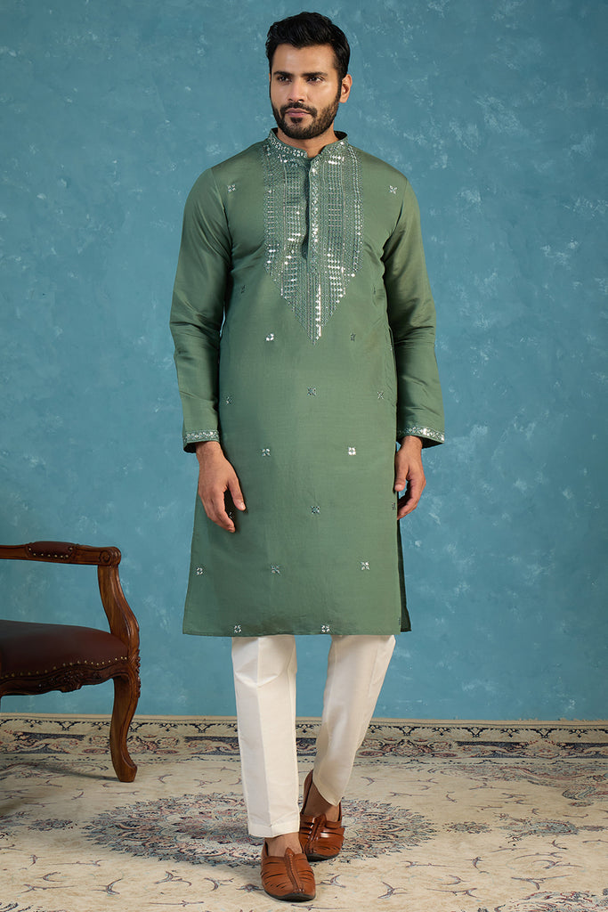 Green Silk Blend Solid Emboidered Sequins Kurta With Trouser MKSET2279