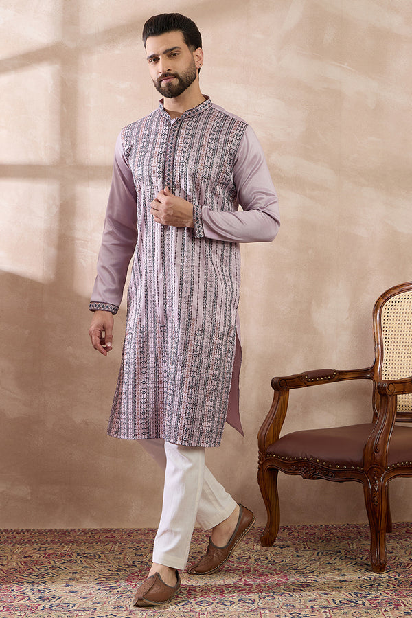Lavender Silk Blend Embroidered Mandarin Collar Straight Kurta With Trouser MKSET2041