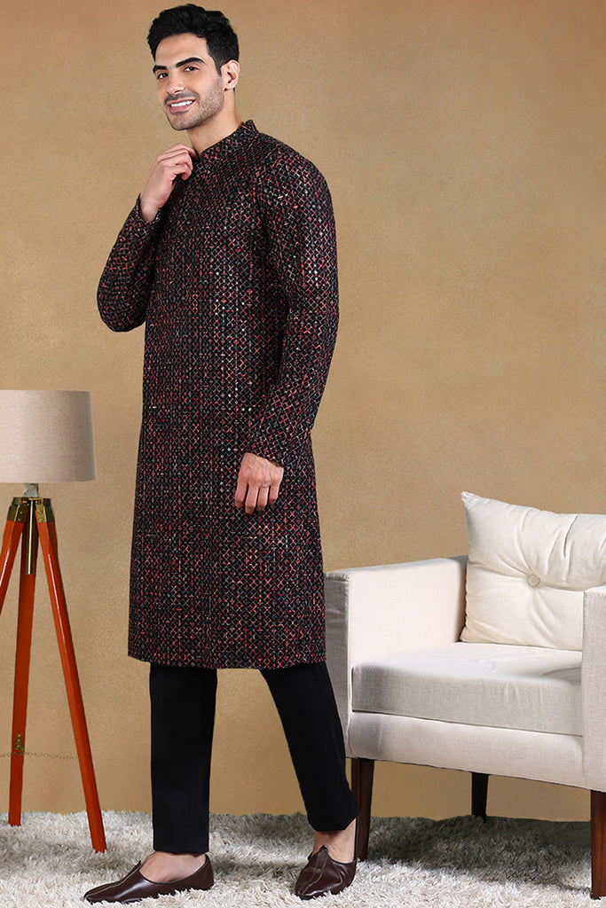 Black Viscose Rayon Geometric Dyed Straight Kurta with Trousers MKSET1013BLK