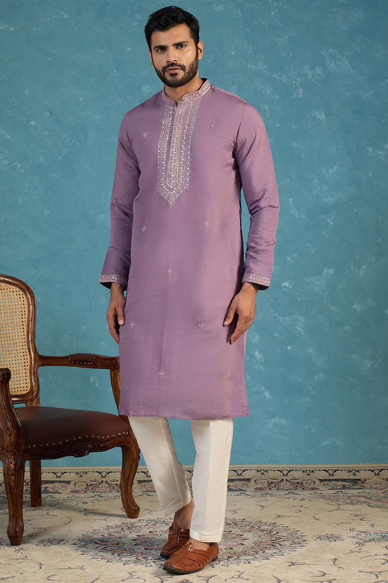 Lavender Silk Blend Solid Emboidered Sequins Kurta MKU2277
