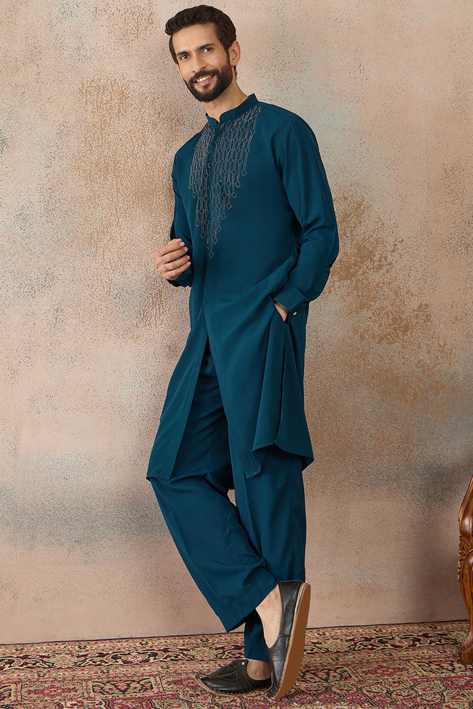 Blue Silk Blend Ethnic Motifs Printed Kurta With Trouser MKSET2389