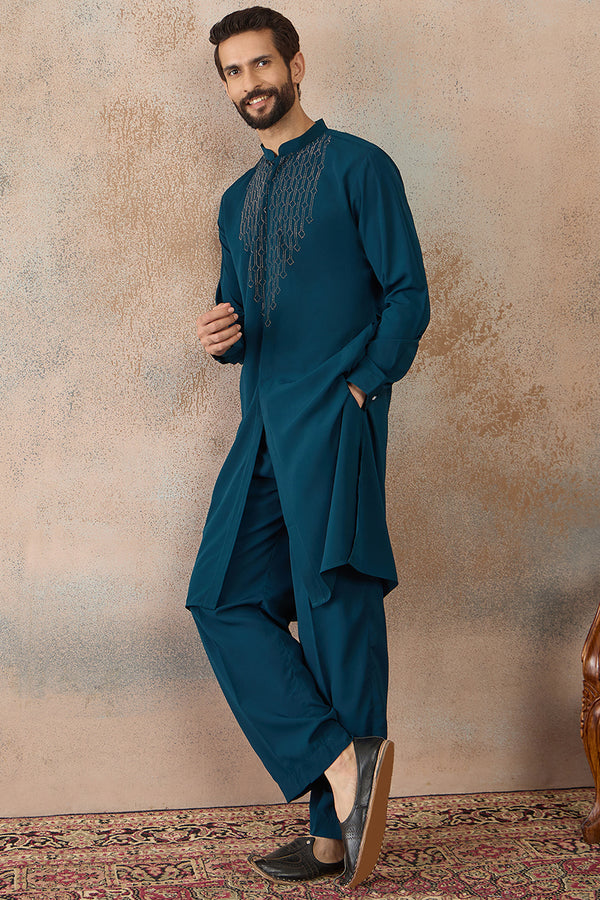 Blue Silk Blend Ethnic Motifs Printed Kurta With Trouser MKSET2389
