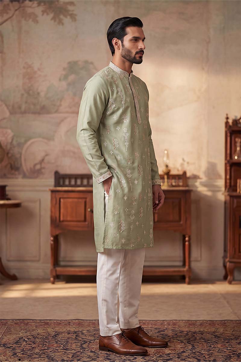 Green Silk Blend Solid Embroidered Kurta With Trousers MKSET2153