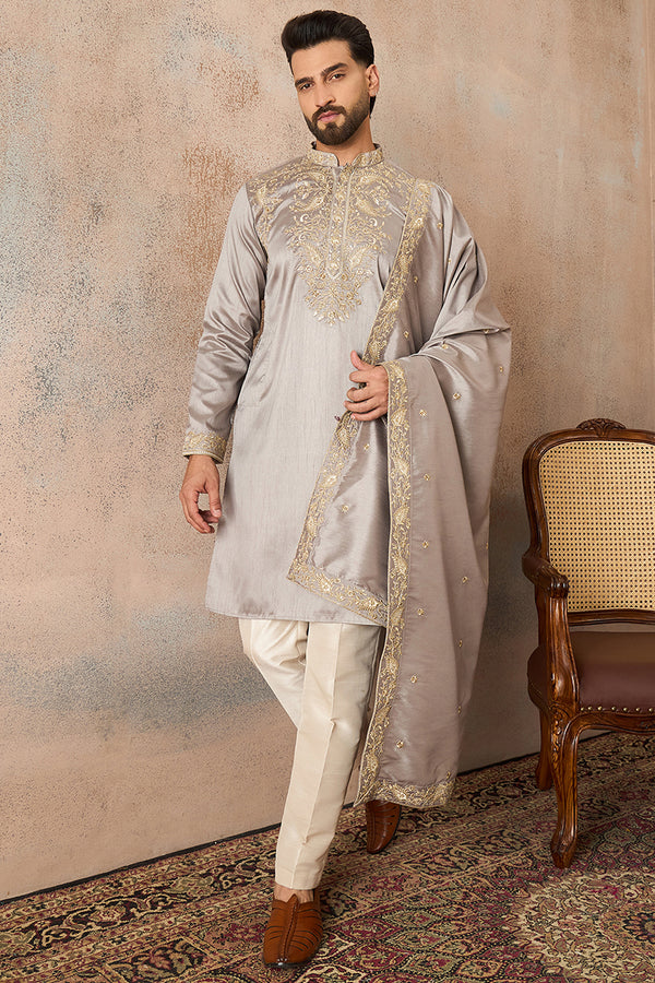 Grey Silk Blend Embroidered Ethnic Kurta with Trousers & Dupatta MKPD1044