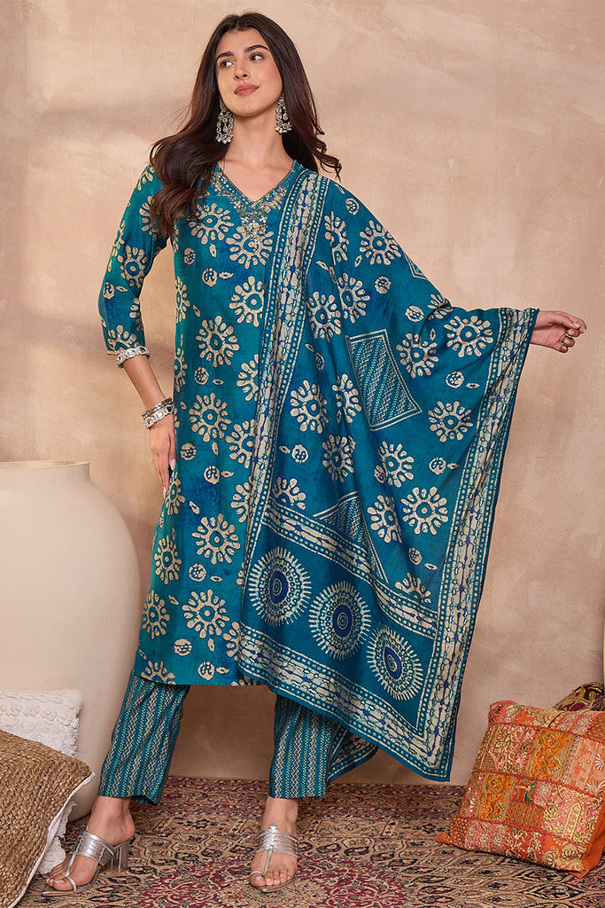 Blue Cotton Blend Abstract Printed Straight Kurta Trouser With Dupatta VKSKD3212