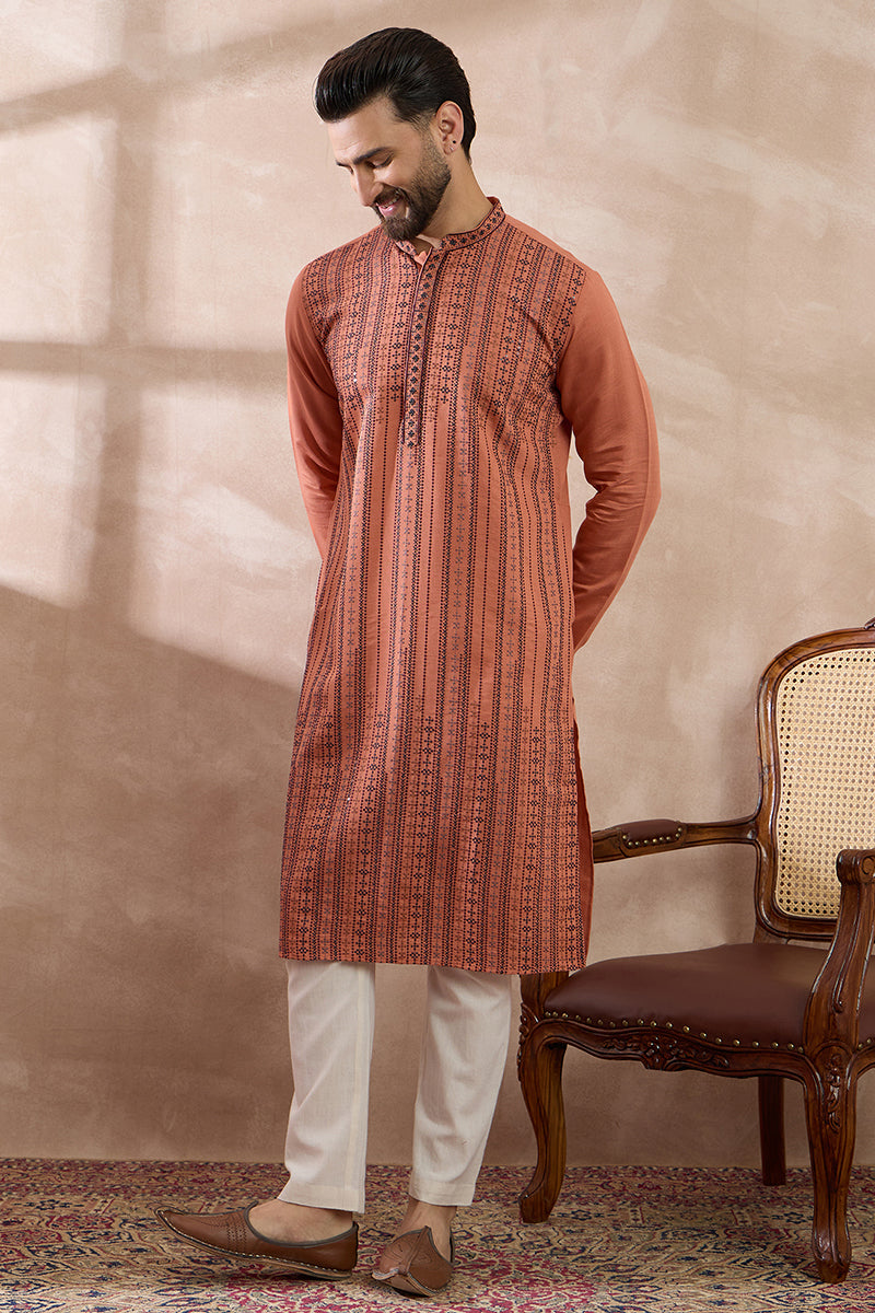 Orange Silk Blend Embroidered Mandarin Collar Straight Kurta With Trouser MKSET2043