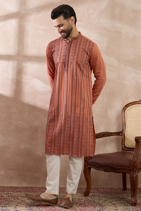 Orange Silk Blend Embroidered Mandarin Collar Straight Kurta With Trouser MKSET2043