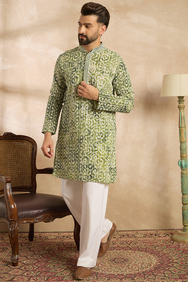 Green Viscose Rayon Batik Embroidered Straight Kurta With Trouser MKSET1717