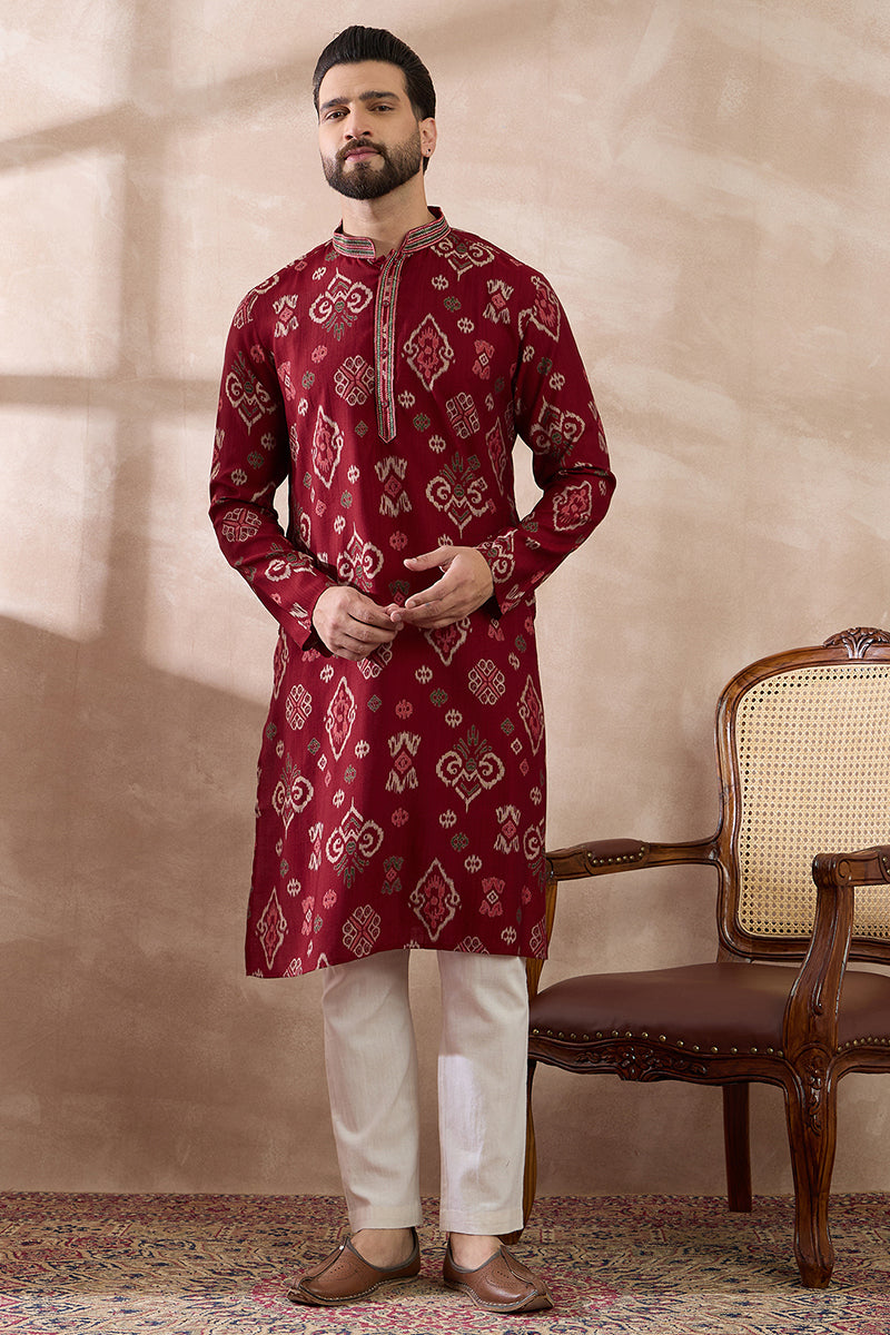 Red Silk Blend Printed Mandarin Collar Straight Kurta MKU1988