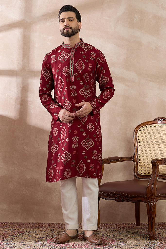 Red Silk Blend Printed Mandarin Collar Straight Kurta MKU1988