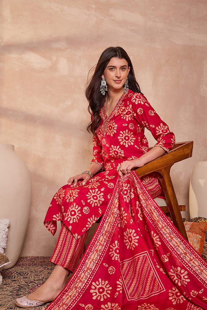 Pink Cotton Blend Abstract Printed Straight Kurta Trouser With Dupatta VKSKD3213