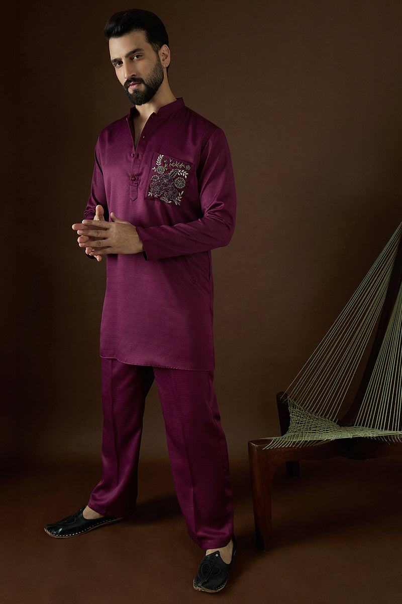 Purple Silk Blend Solid Embroidered Kurta With Trouser MKSET2056