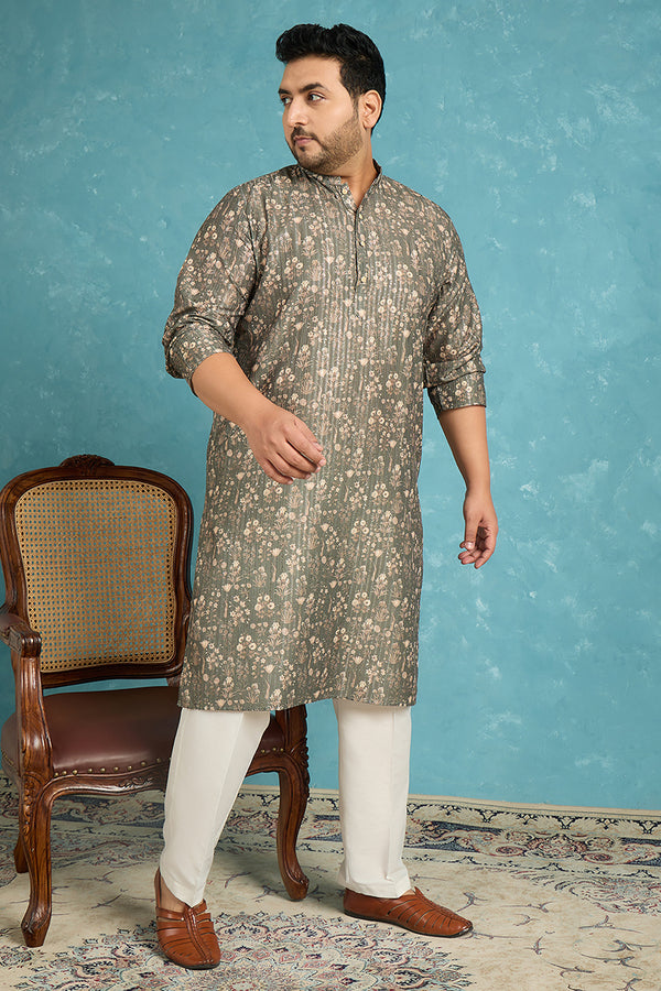 Olive Silk Blend Floral Printed Kurta MKU1911