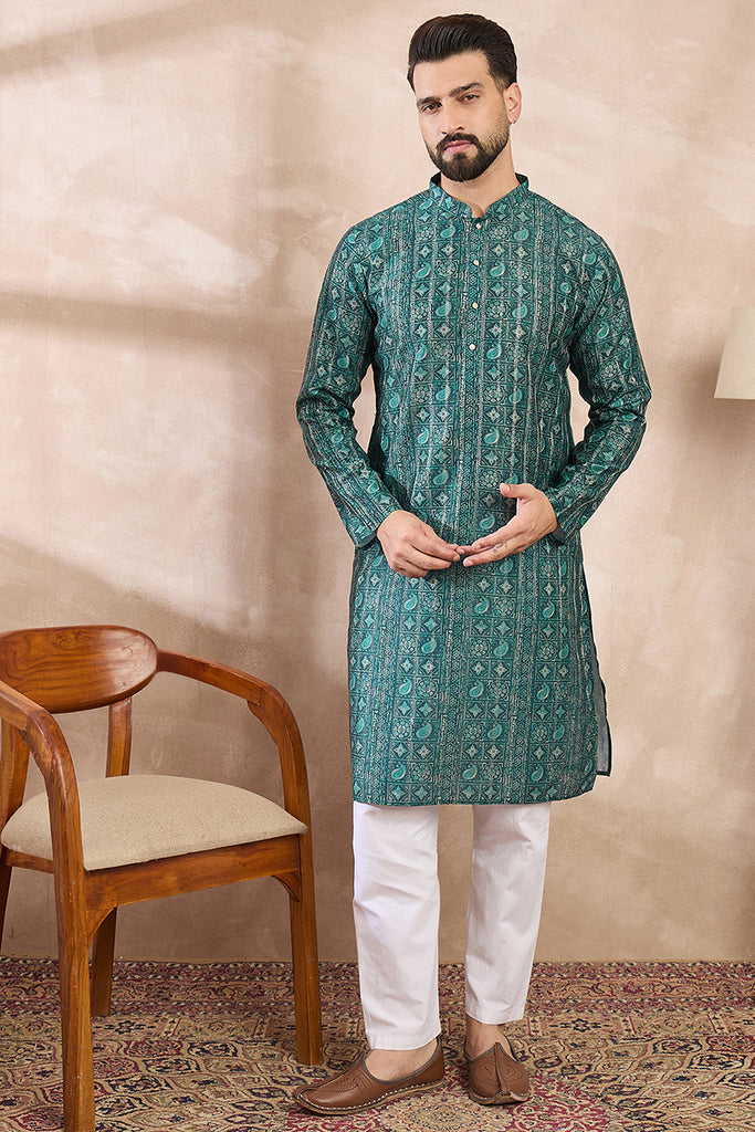 Green Silk Blend Ethnic Motifs Printed Straight Kurta With Trouser MKSET1996