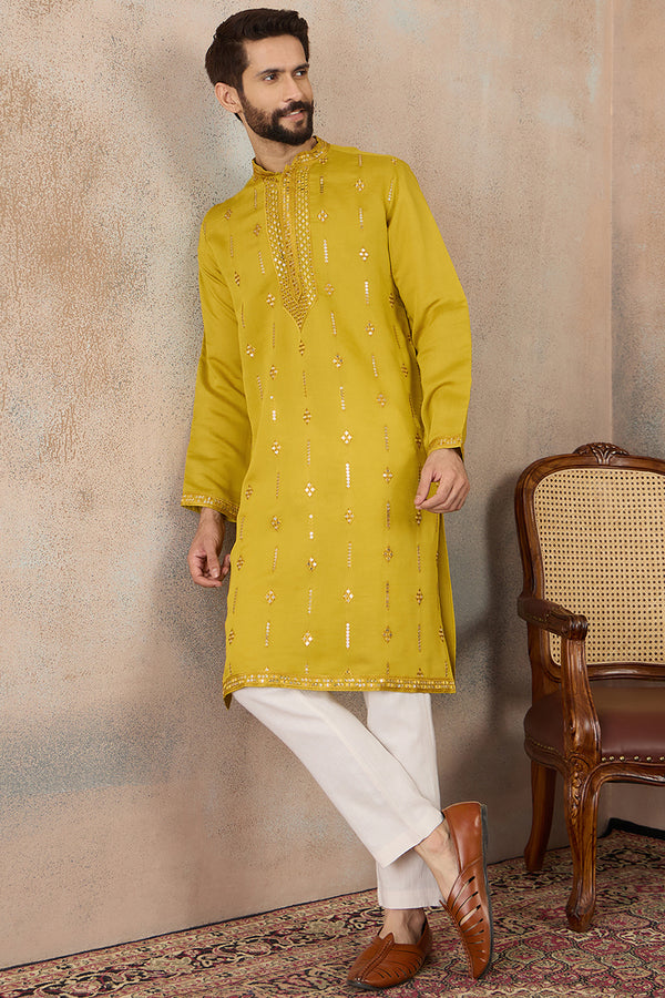 Yellow Silk Blend Solid Embroidered Kurta MKU2415