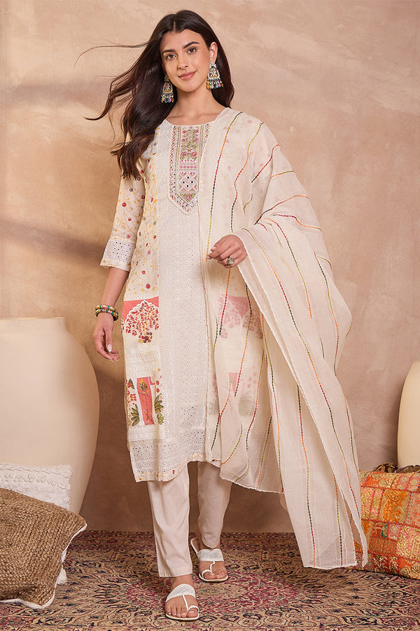 Cream Pure Cotton Ethnic Motifs Printed Straight Kurta Trousers With Dupatta PKSKD3192