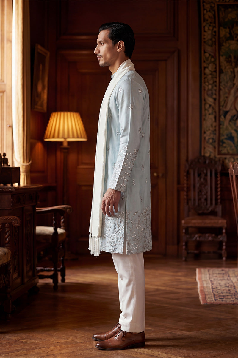 Blue Silk Blend Solid Embroidered Straight Kurta Sets MKUD1785