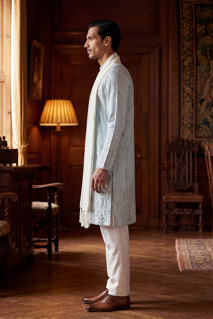 Blue Silk Blend Solid Embroidered Straight Kurta Sets MKUD1785