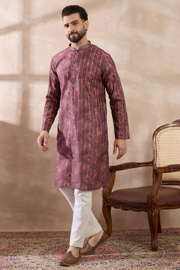 Purple Silk Blend Printed Mandarin Collar Straight Kurta MKU2023