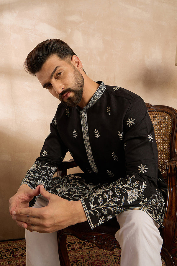 Black Silk Blend Solid Embroidered Straight Kurta MKU1782