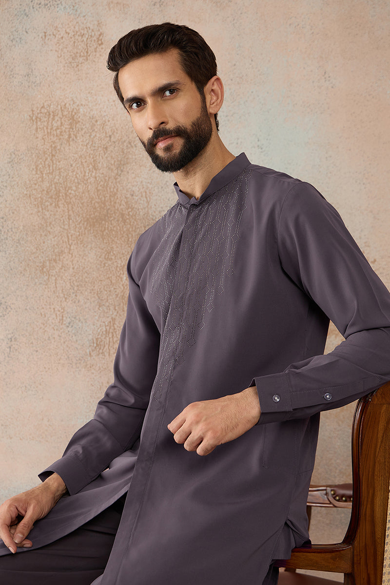 Grey Silk Blend Ethnic Motifs Printed Kurta With Trouser MKSET2393