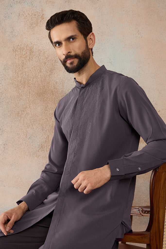 Grey Silk Blend Ethnic Motifs Printed Kurta With Trouser MKSET2393