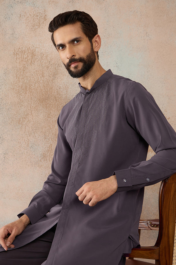 Grey Silk Blend Ethnic Motifs Printed Kurta With Trouser MKSET2393