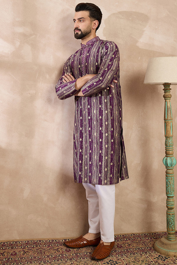 Purple Silk Blend Abstract Printed Straight Kurta With Trouser MKSET2008