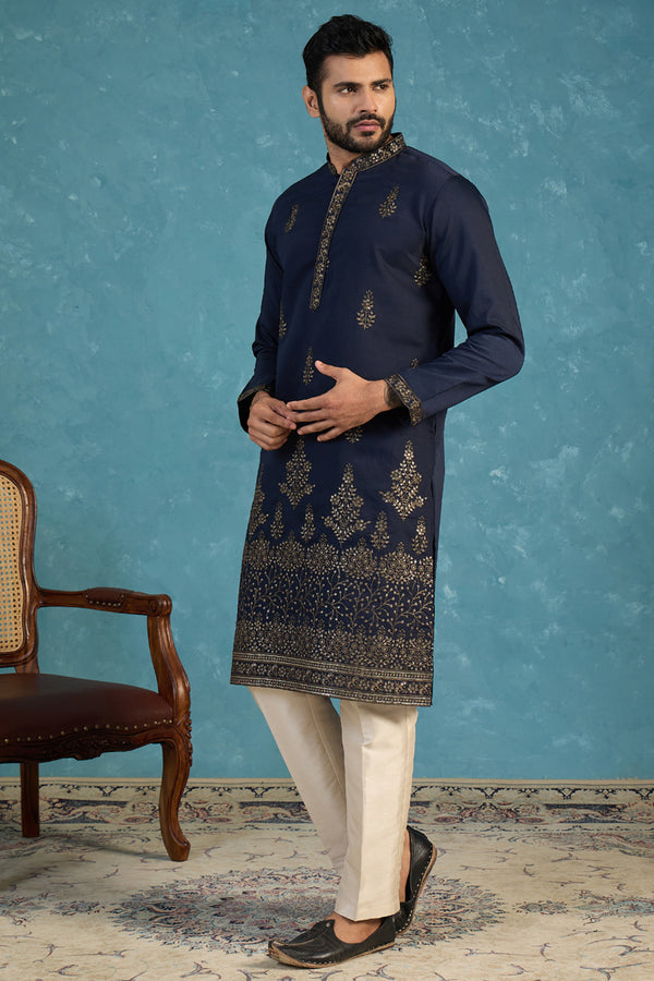 Blue Silk Blend Embroidered Straight Kurta Sets MKSET2122