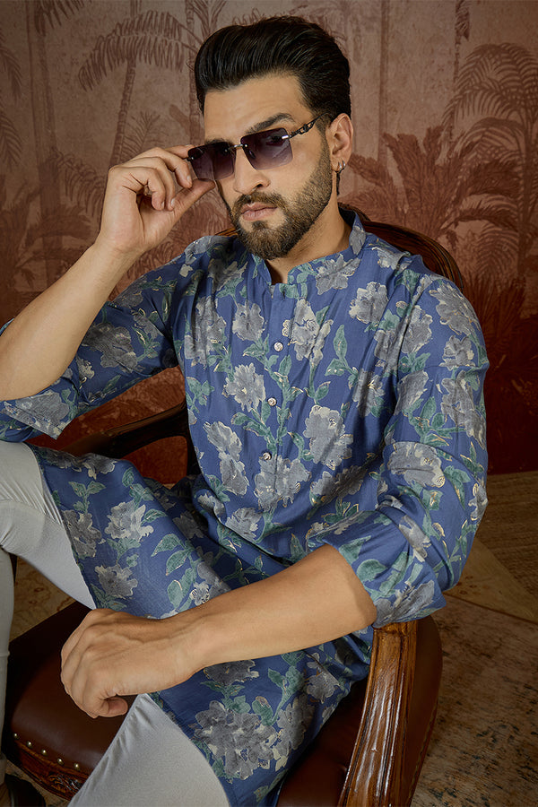 Blue Silk Blend Floral Printed Kurta MKU2567