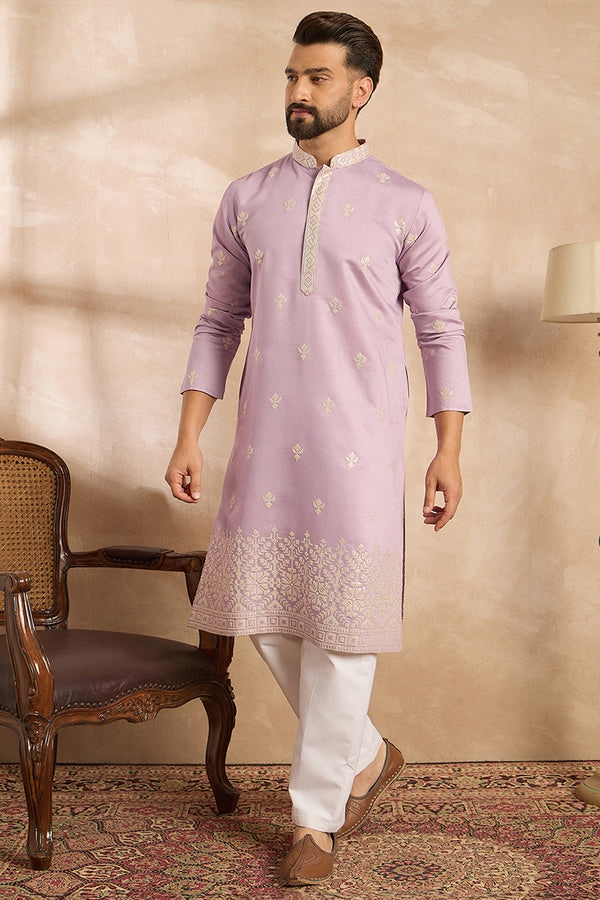 Lavender Polyester Solid Embroidered Straight Kurta MKU1753