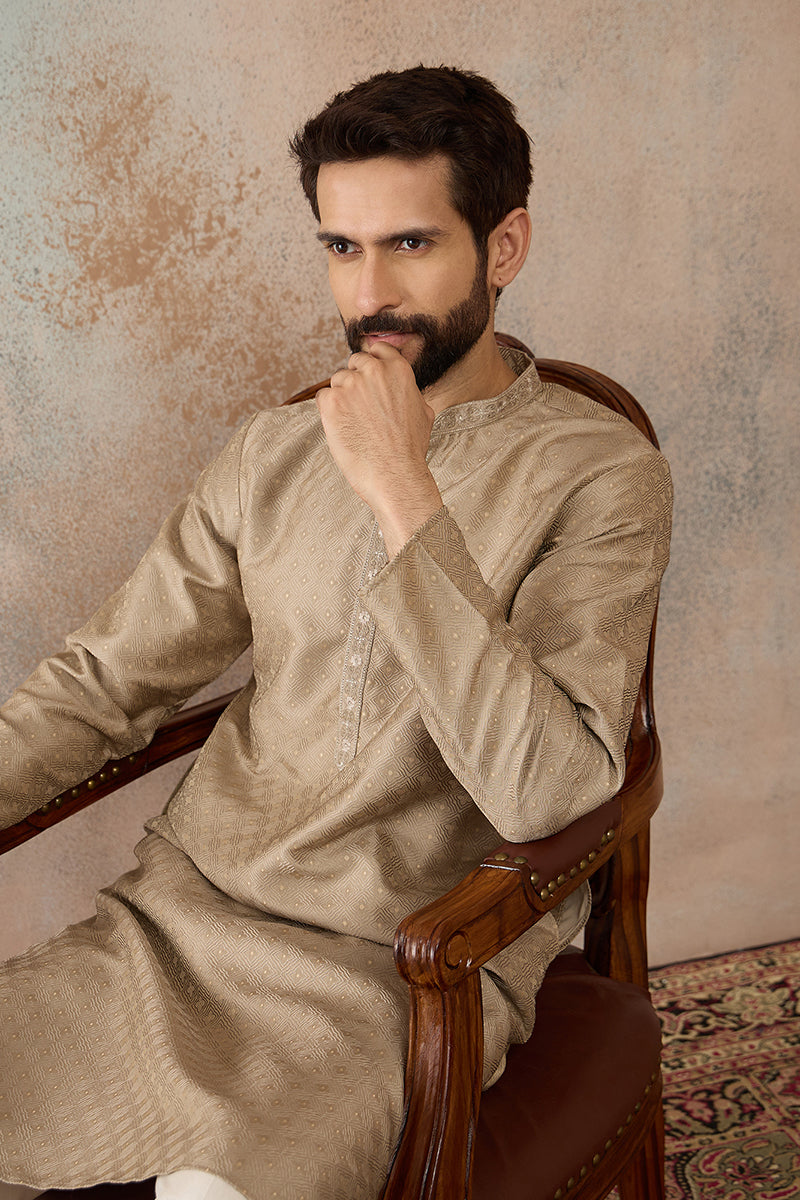 Beige Silk Blend Embroidered Solid Straight Kurta with Trousers  MKSET2326