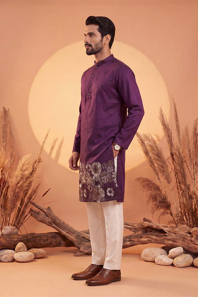 Violet Silk Blend Solid Embroidered Kurta With Trousers MKSET2104