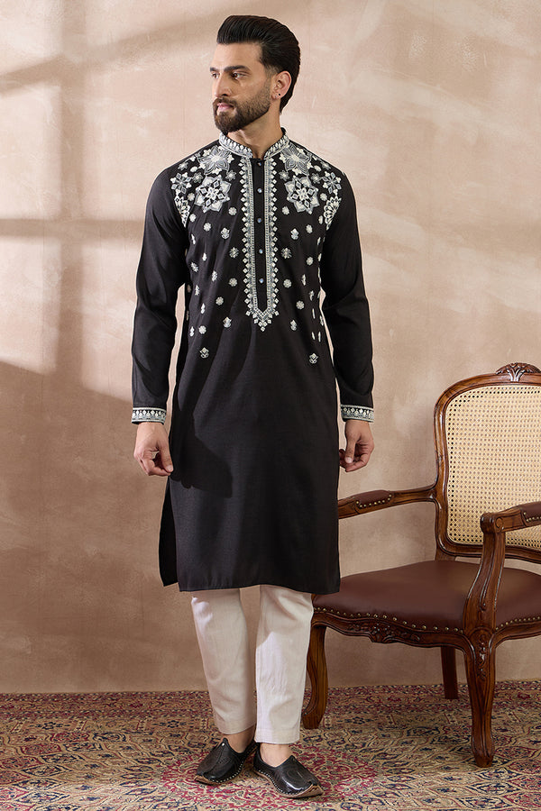 Black Silk Blend Embroidered Mandarin Collar Straight Kurta With Trouser MKSET1884