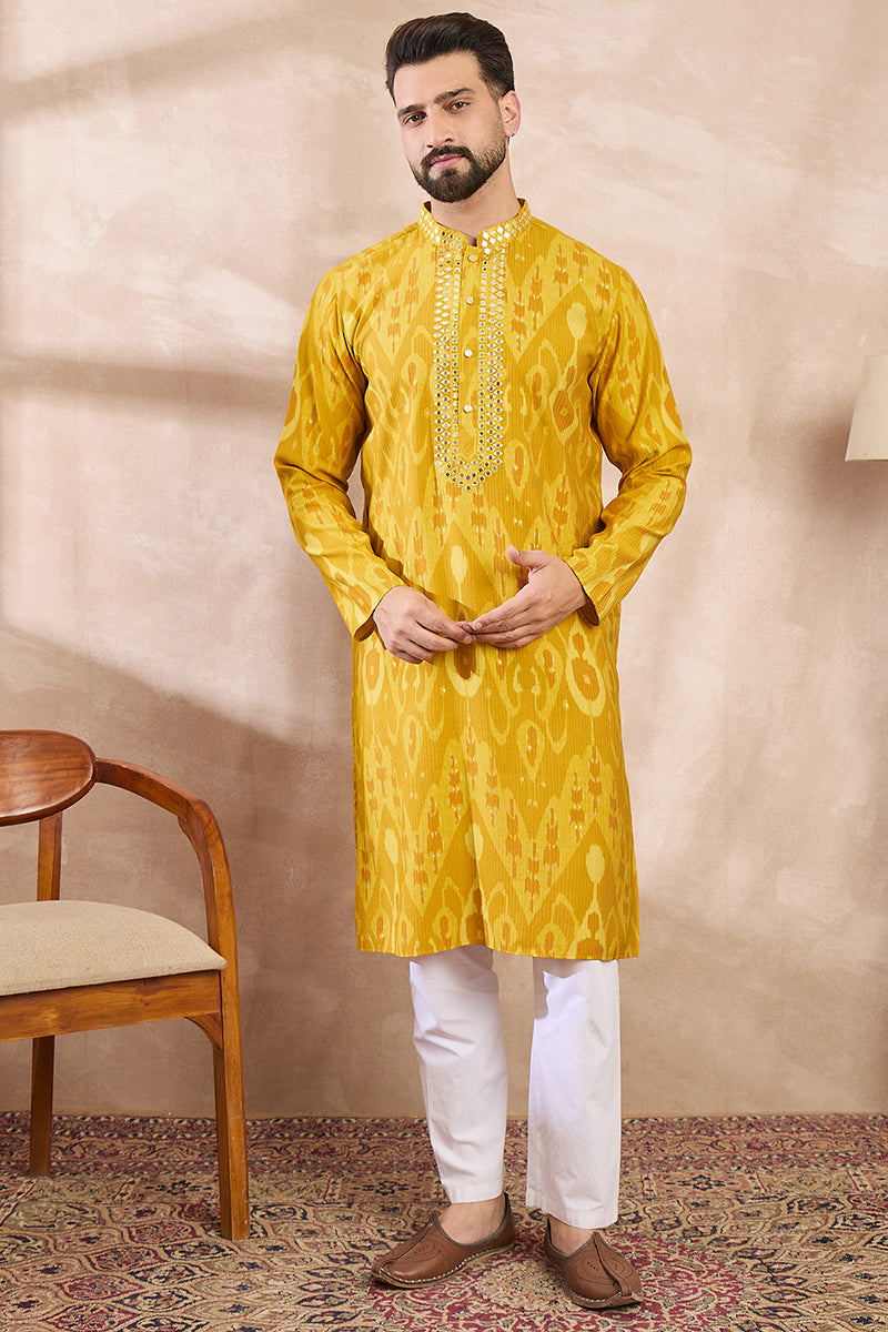 Yellow Viscose Rayon Chevron Printed Straight Kurta MKU1966