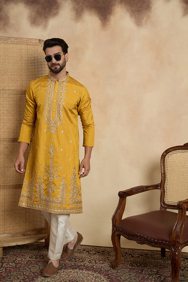 Yellow Silk Blend Solid Embroidered Straight Kurta With Trouser MKSET2525