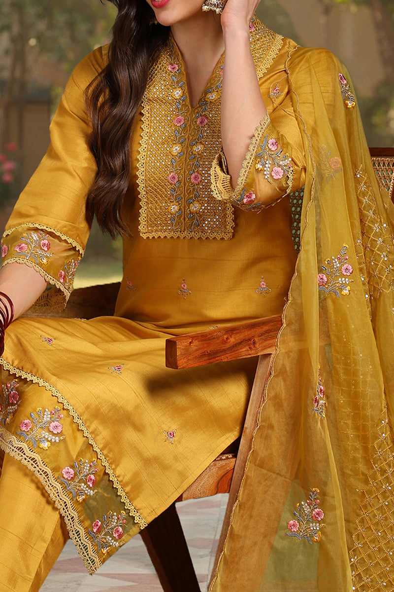 Mustard Yellow Silk Blend Floral Embroidered Straight Suit Set PKSKD2240