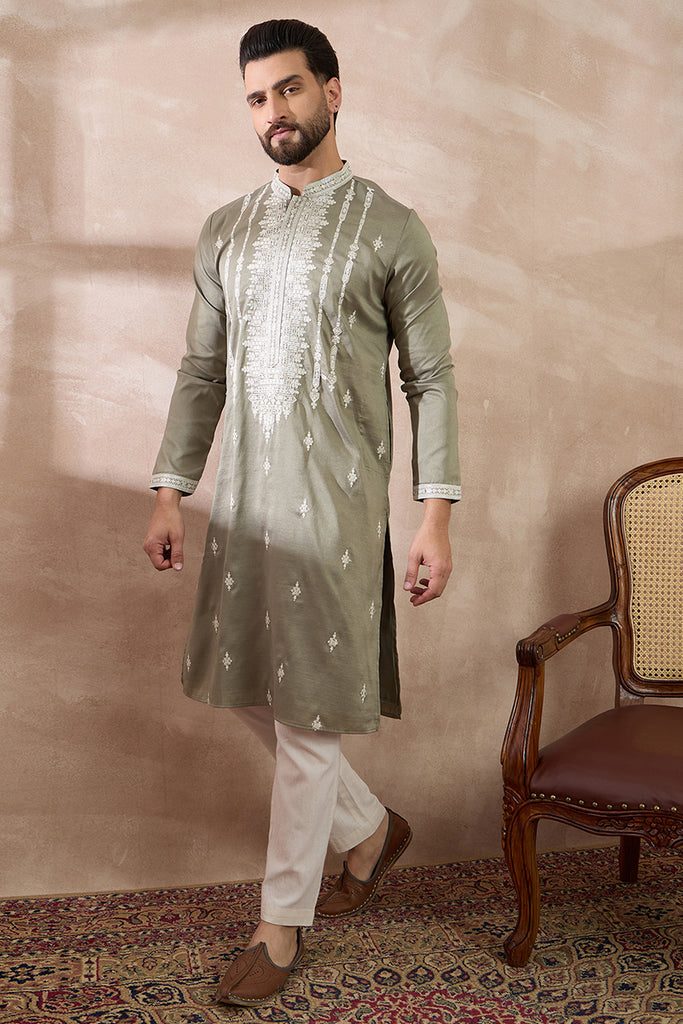 Green Silk Blend Embroidered Mandarin Collar Straight Kurta With Trouser MKSET1791